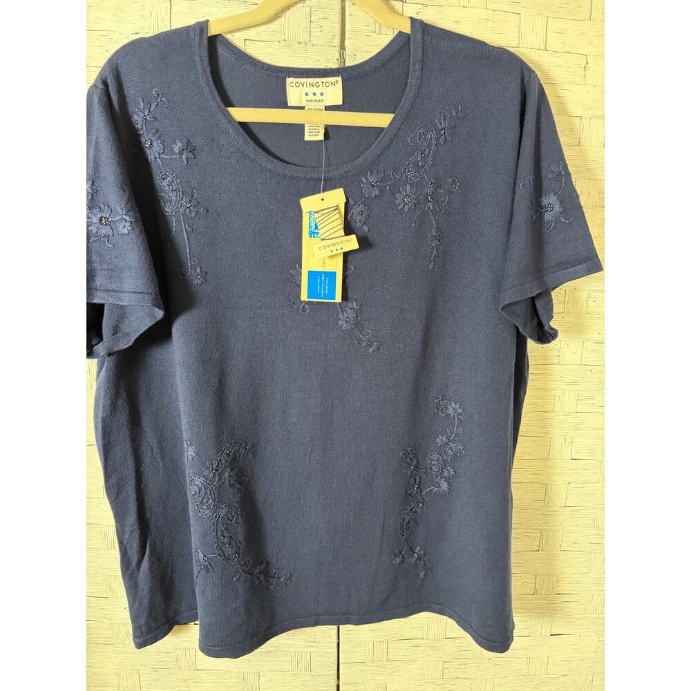 Covington women's sweater short sleeve embroidered beaded super soft plus size